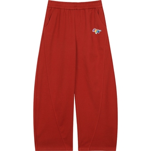 妖精的口袋彩虹小马红色休闲裤女2026年春季新款宽松显瘦阔腿裤子