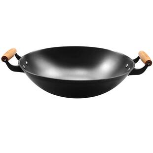 陆川铁人牌双耳铸铁锅老式无涂层不粘锅家用圆尖底平底生铁大炒锅