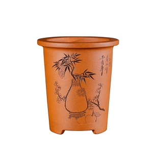 新款特价微型小号迷你名家唯珍精细刻绘高款口圆签筒千筒紫砂花盆