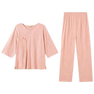 秋鹿【玉兰花】针织提花棉睡衣女春秋新中式国风七分袖家居服套装