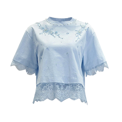 朝峰春款蕾丝刺绣短袖T恤