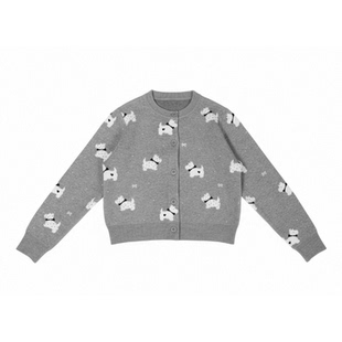 ECHOSTA可爱波点小狗图案提花灰色毛衣开衫外套圆领基础上衣女春