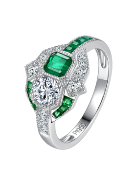 FIICCI菲伊奇 天然祖母绿铂金钻石戒指artdeco复古老婆生日礼物