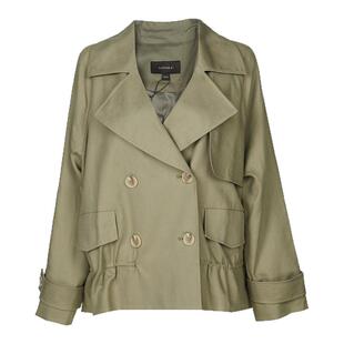 XINSILU新思路女装专柜春装时尚灰绿色双排扣腰部松紧短款女风衣