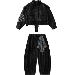 炸街摇滚风少儿街舞黑色套装男童HIPHOP机车风嘻哈年底汇演出服装