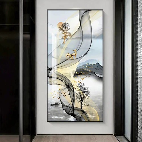 福禄进门现代轻奢玄关挂画大气入户走廊装饰画麋鹿客厅过道墙壁画