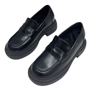 英伦风加绒小皮鞋女粗跟内增高一脚蹬JK配裙子单鞋小码33乐福鞋