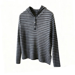 100%山羊绒条纹连帽轻薄上衣 ins减龄随性百搭可内搭可外穿针织衫