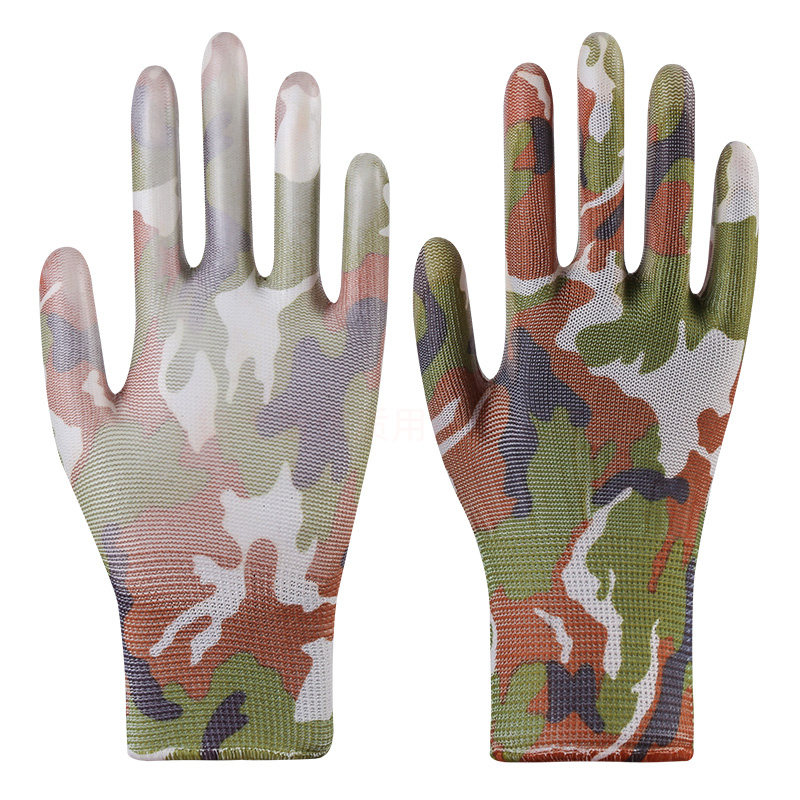 薄款尼龙花色PU涂掌涂指涂胶手套劳保工作耐磨防滑透气花椒防静电