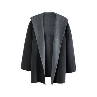 洪陵经典山羊绒羊毛连帽一手长简约百搭女装中长款大衣