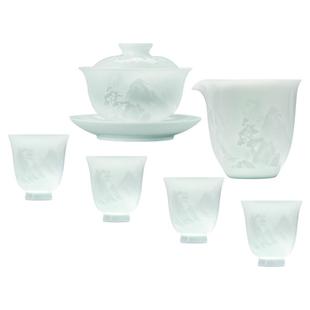 景德镇官方陶瓷中国色影青浮雕整套泡茶茶具套装盖碗茶杯礼盒装