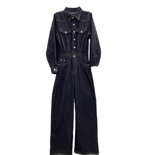 韩版新款复古蓝色水洗牛仔连体裤小众高腰气质长袖阔腿裤连身衣女