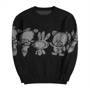 潮流卡通图案男青年学生毛衣2025新款男士圆领羊绒衫宽松加厚保暖