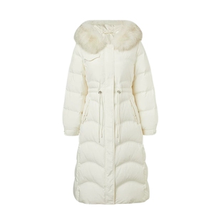 马天奴秋冬新款米白色毛领连帽羽绒服长款收腰保暖加厚女装外套