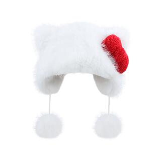 ROUIIEFAO可爱蝴蝶结毛绒绒帽子女冬季加厚保暖雷锋帽护耳包头帽