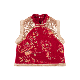 Amybaby女童上衣冬季2025新款气质新中式织金刺绣立领马甲拜年服