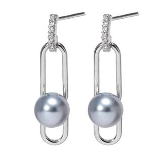 kez真多麻色银蓝akoya海水珍珠耳钉回形针耳环s925银正圆强光耳饰