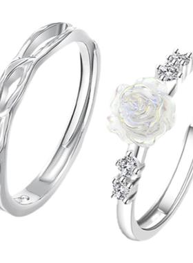 白山茶情侣戒指纯银一对男女款对戒小众设计高级感纪念礼物送女友