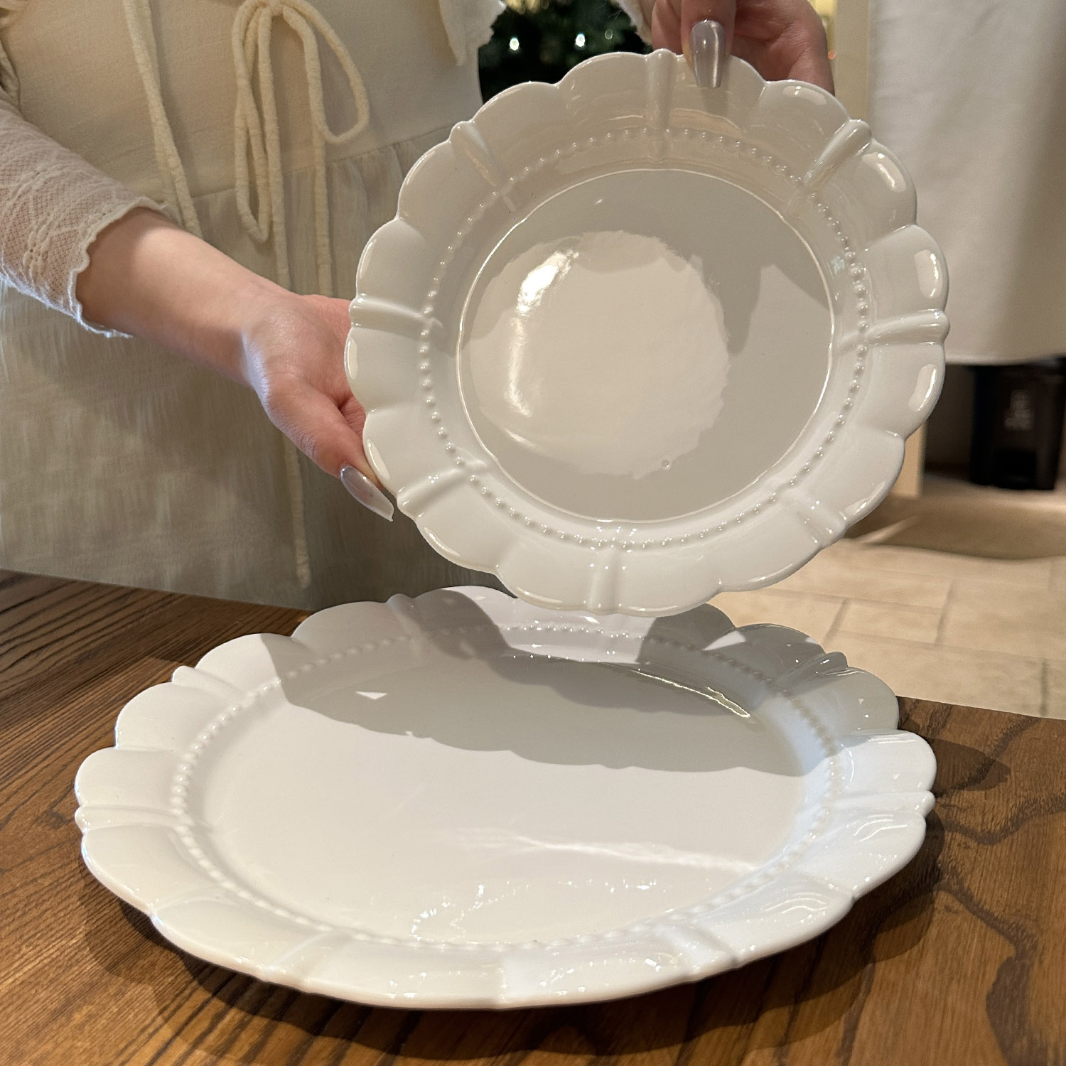 老娘自留！法式中古花瓣珠点陶瓷盘甜品盘沙拉盘早餐盘椭圆盘盘子