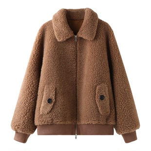 PENNYPENG 砂糖橘 翻领100%绵羊毛软糯蓬松立体毛绒肌理拉链外套