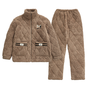 新款冬季睡衣男士珊瑚绒加绒夹棉袄加厚三层特厚款家居服保暖套装