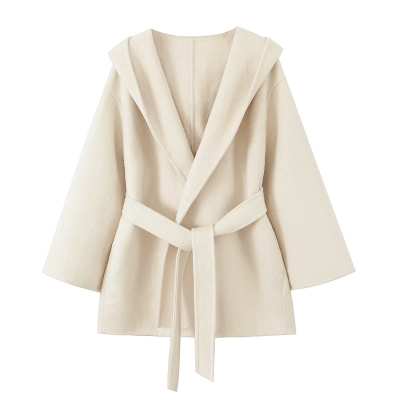 白色斗篷羊毛大衣女收腰连帽外套