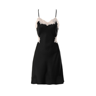 DPLAYSWEET法式黑色性感睡衣美背吊带短裙缎面蕾丝短款女士睡裙