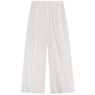 今屿花花阔腿裤女2025新款松紧腰白色刺绣镂空长裤小个子宽松裤子