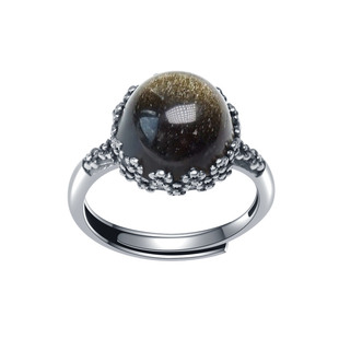 天然金曜石戒指泰银做旧复古黑曜石大码食指简约纯银胖人胖mm首饰