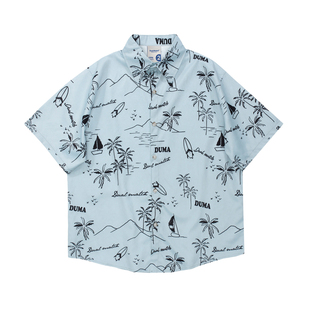 HTTAOSUP 涂鸦趣味椰树海岛度假夏威夷风潮牌休闲慵懒bf短袖衬衫