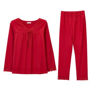 达尔丽蕾丝V领睡衣女春秋款纯棉长袖长裤宽松红本命年家居服套装