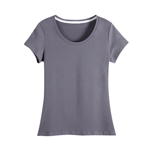 高级感烟灰色修身纯棉短袖t恤女夏季女装圆领打底衫半袖体恤上衣