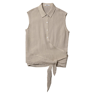 TANG TOWN自制 夏日出街利器 轻柔清凉汉麻 卡其汉麻系带无袖衬衫