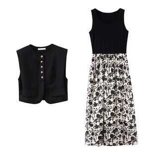 水云间黑色碎花连衣裙女短款马甲马夹中长裙子套装无袖坎肩2025秋