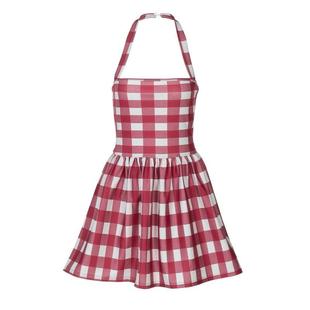 shemoda港风chic格纹印花一字领露背挂脖连衣裙女 拼接百褶短裙子