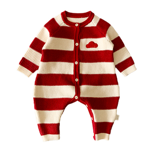 满月宝宝衣服冬装婴儿连体衣洋气幼儿哈衣爬服喜庆过年拜年周岁服