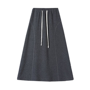 灰色醋酸羊毛针织半身裙女秋冬加厚绒感中长款伞裙显瘦a字裙长裙