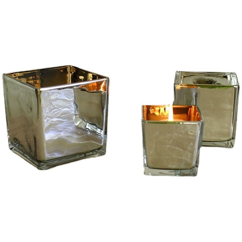 方形圆形玻璃器皿方缸银烛台聚花瓶电镀镜面玻璃萍