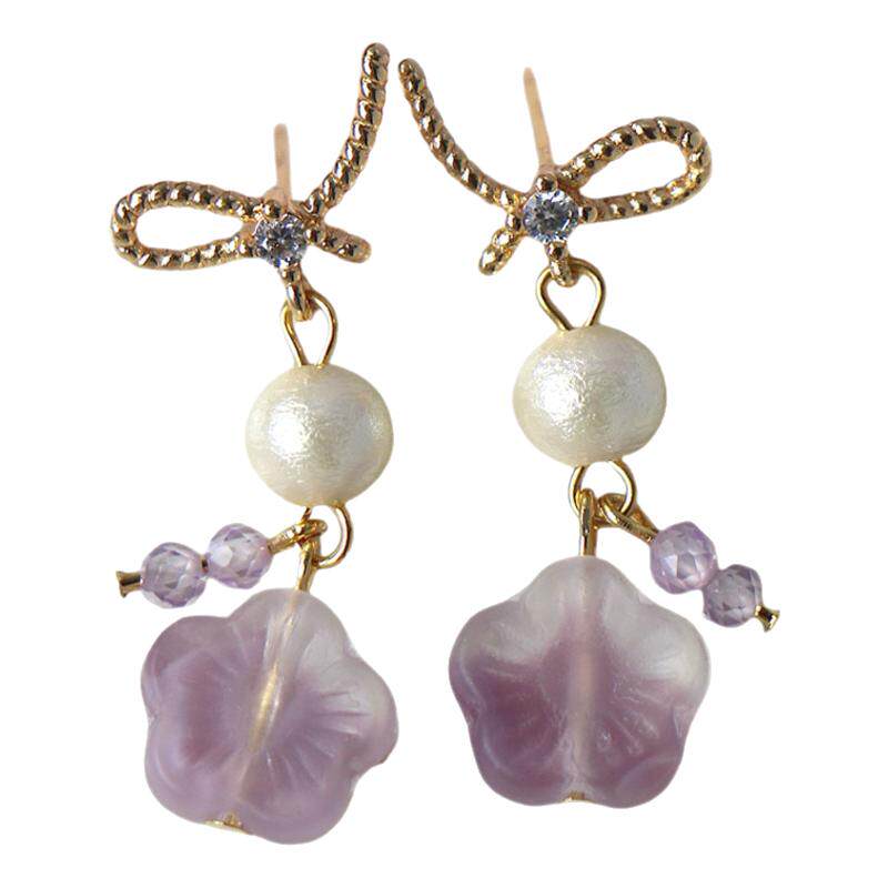 紫色小花蝴蝶结925银耳钉