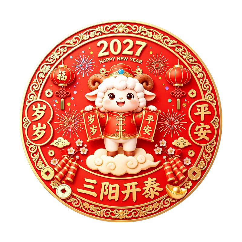 圆形三阳开泰墙贴卡通小羊抱锦鲤福袋新年吉祥喜庆氛围装饰贴纸画