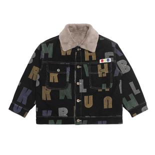 男童加绒加厚外套秋冬款2025新款儿童装中大童男孩冬季牛仔羊羔绒