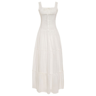 AOOUIU Frankies bikinis度假风法式荷叶边超长款连衣裙吊带长裙