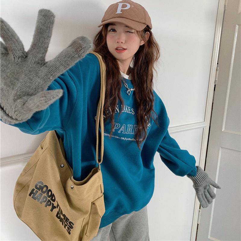 高级感蓝色圆领卫衣女2025秋冬oversiz宽松洋气休闲百搭落肩上衣