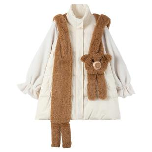 KEIKO奶系轻甜白色棉服2025冬季可爱小熊围巾+羊羔毛拼接外套棉袄