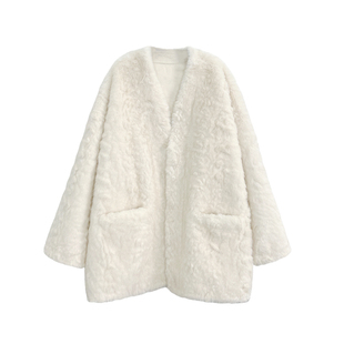 3ts 12/27 秋冬季V领短款环保皮草大衣韩版复古宽松显瘦毛毛外套