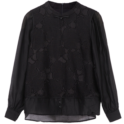 布景长袖衬衫女春季新品国风新中式立领盘扣宽松套头小衫5614