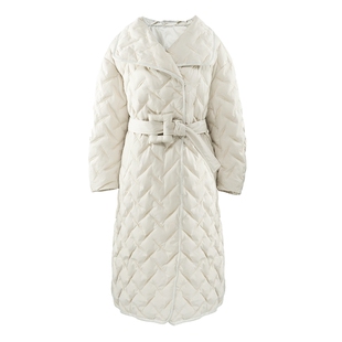 马天奴冬季米白色翻领系带长款羽绒服保暖廓形外套时尚简约气质女