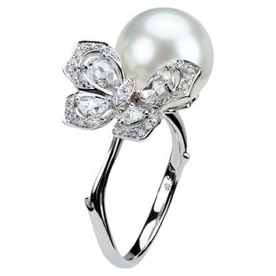 南洋大澳白色珍珠戒指纯银蝴蝶款女士正圆强光海水珠送女朋友礼物