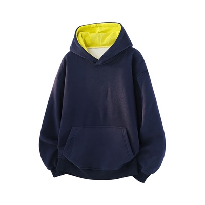 拉夏贝尔美式撞色连帽卫衣加绒加厚冬季男女新款廓形休闲上衣保暖