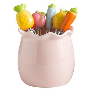 高颜值陶瓷水果叉子套装儿童安全带收纳罐高端创意可爱水果签家用